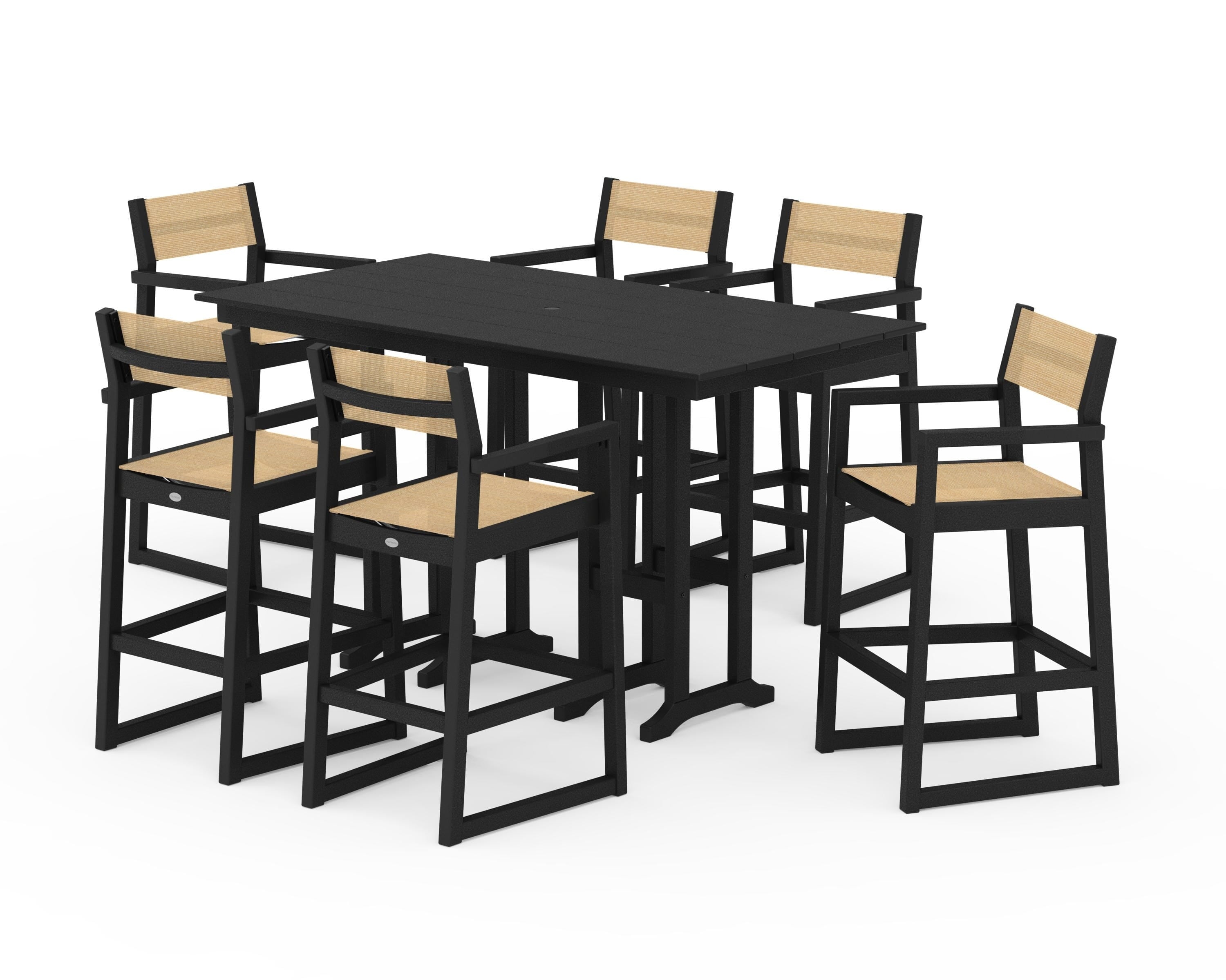 POLYWOOD® EDGE Sling Arm Chair 7-Piece Farmhouse Bar Set in Black / Dupioni Apricot Sling