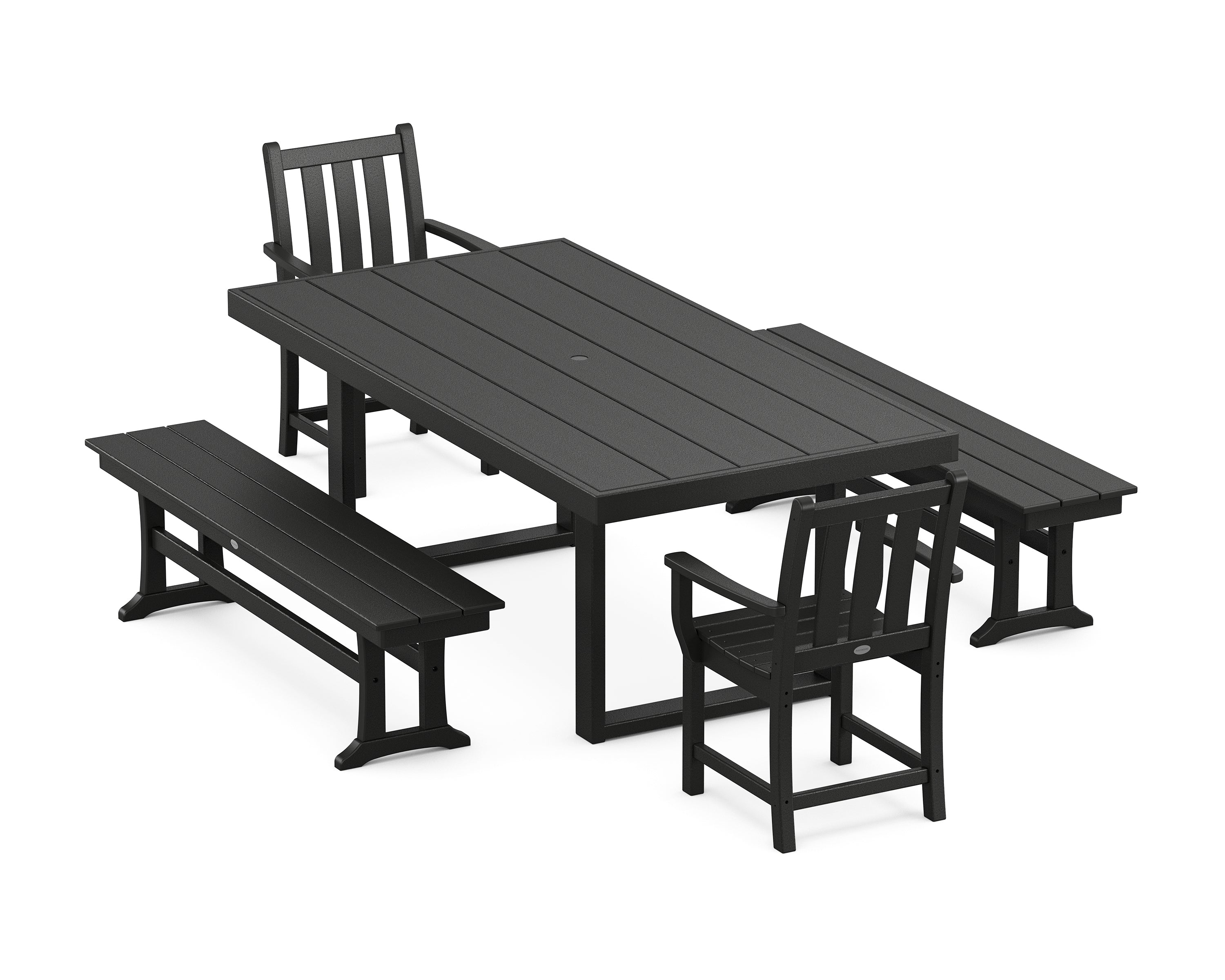 POLYWOOD® Traditional Garden 5-Piece Dining Set with Benches in Black