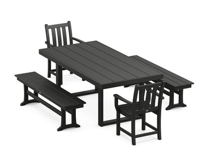 POLYWOOD® Traditional Garden 5-Piece Dining Set with Benches in Black