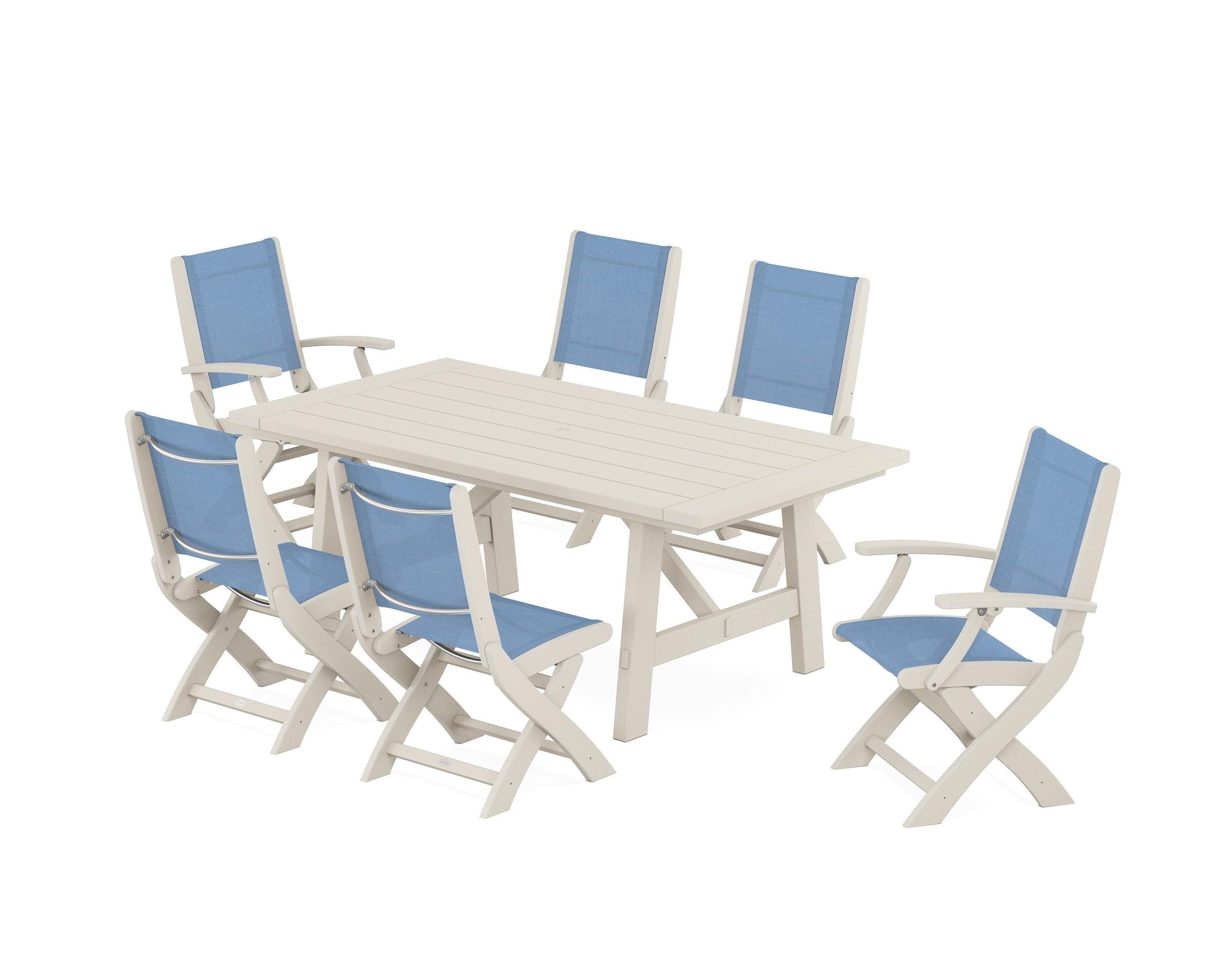 POLYWOOD® Coastal Folding Chair 7-Piece Rustic Farmhouse Dining Set in Sand / Poolside Sling