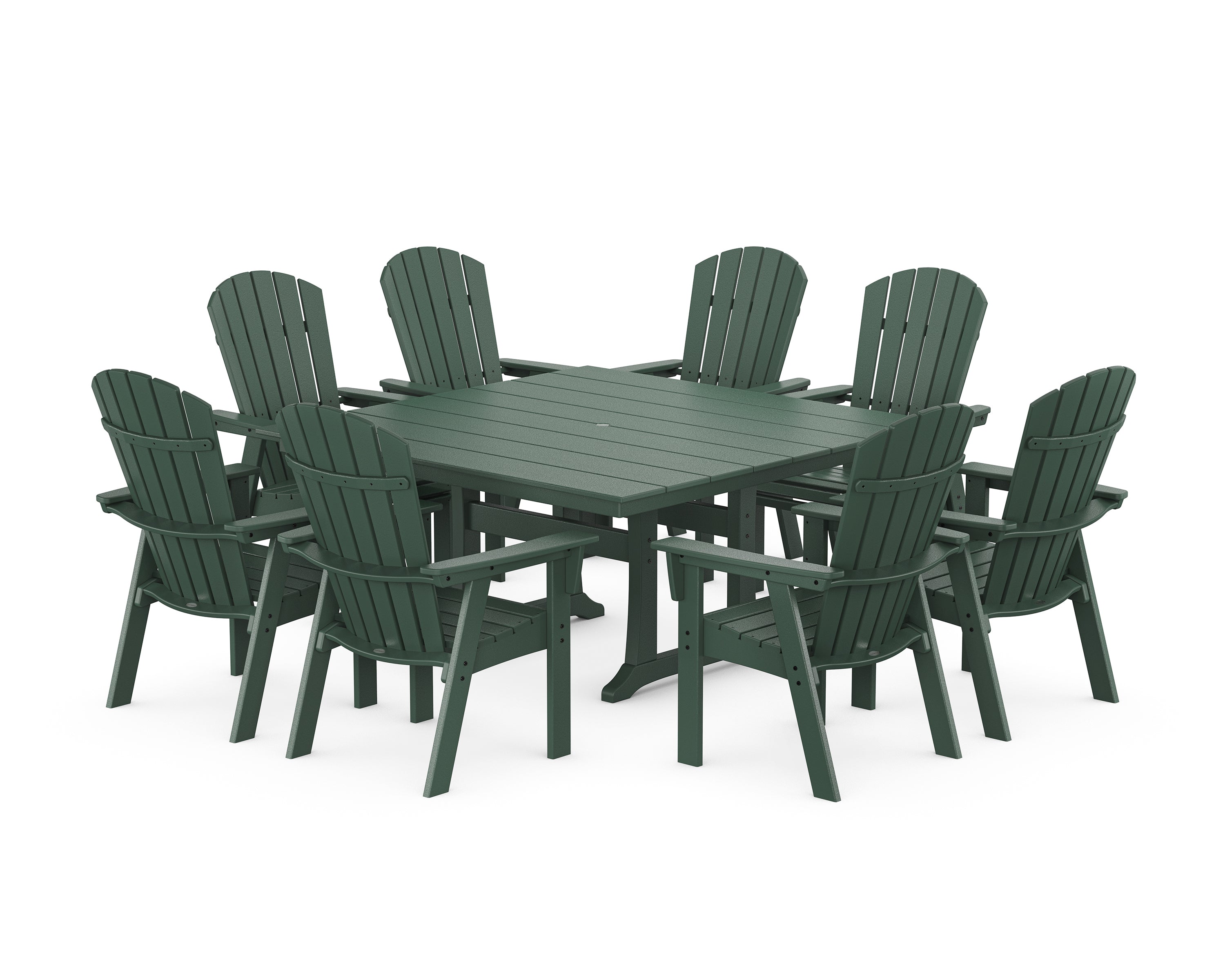 POLYWOOD® Nautical Curveback Adirondack 9-Piece Square Dining Set with Trestle Legs in Green