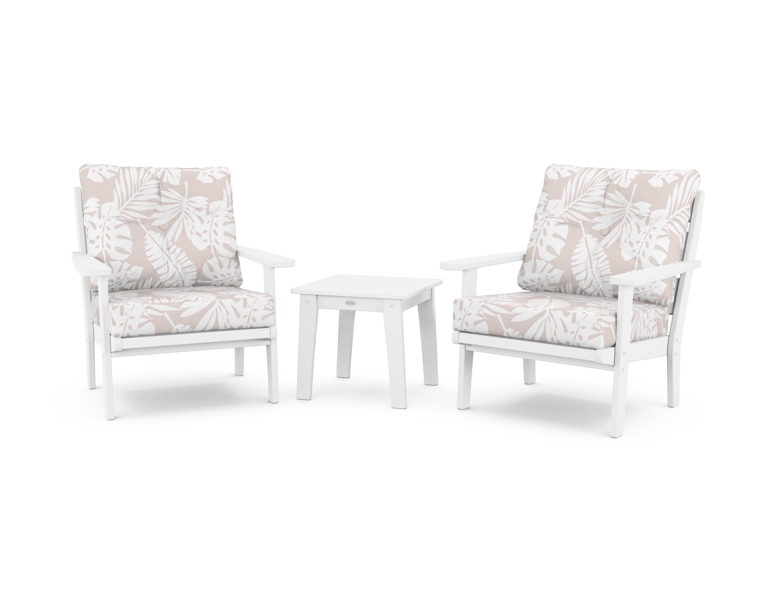 POLYWOOD® Lakeside 3-Piece Deep Seating Chair Set in White / Leaf Dune Burlap