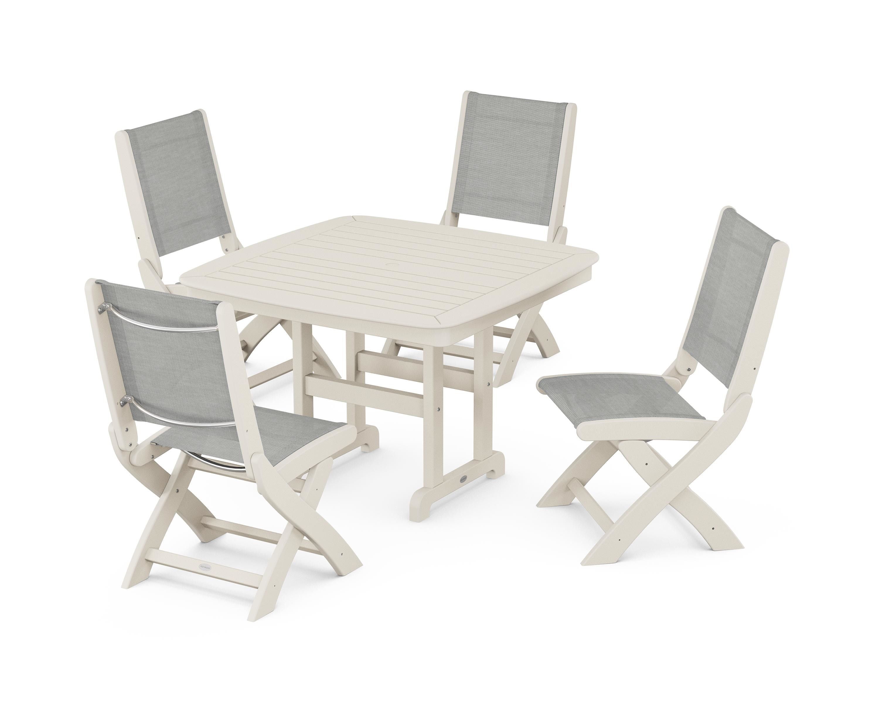 POLYWOOD® Coastal Folding Side Chair 5-Piece Dining Set in Sand / Metallic Sling