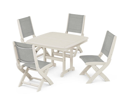 POLYWOOD® Coastal Folding Side Chair 5-Piece Dining Set in Sand / Metallic Sling