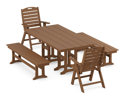 POLYWOOD® Nautical Highback 5-Piece Farmhouse Dining Set with Benches in Teak
