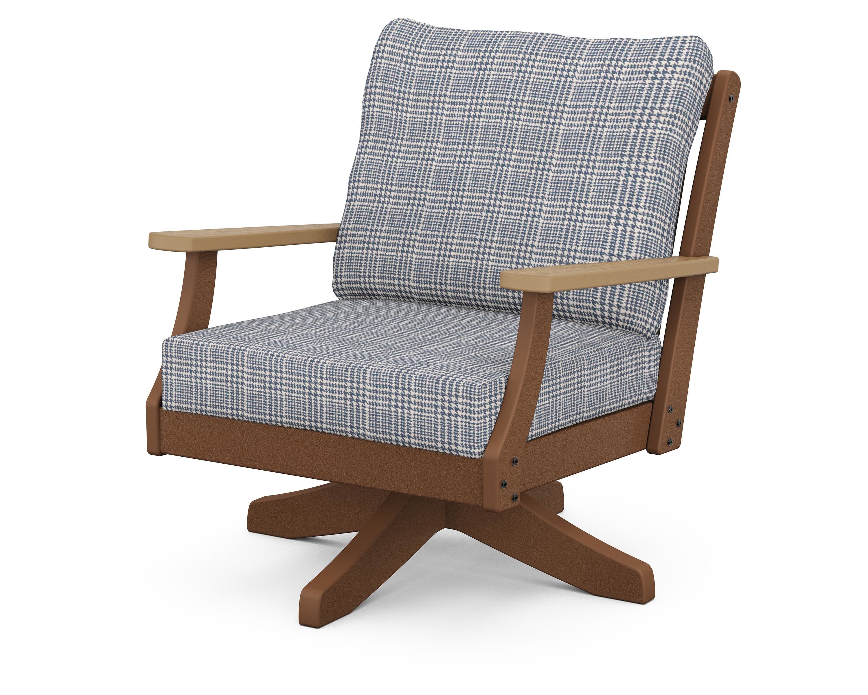 POLYWOOD® Braxton Deep Seating Swivel Chair in Teak / Natural / Houndstooth Sky Blue