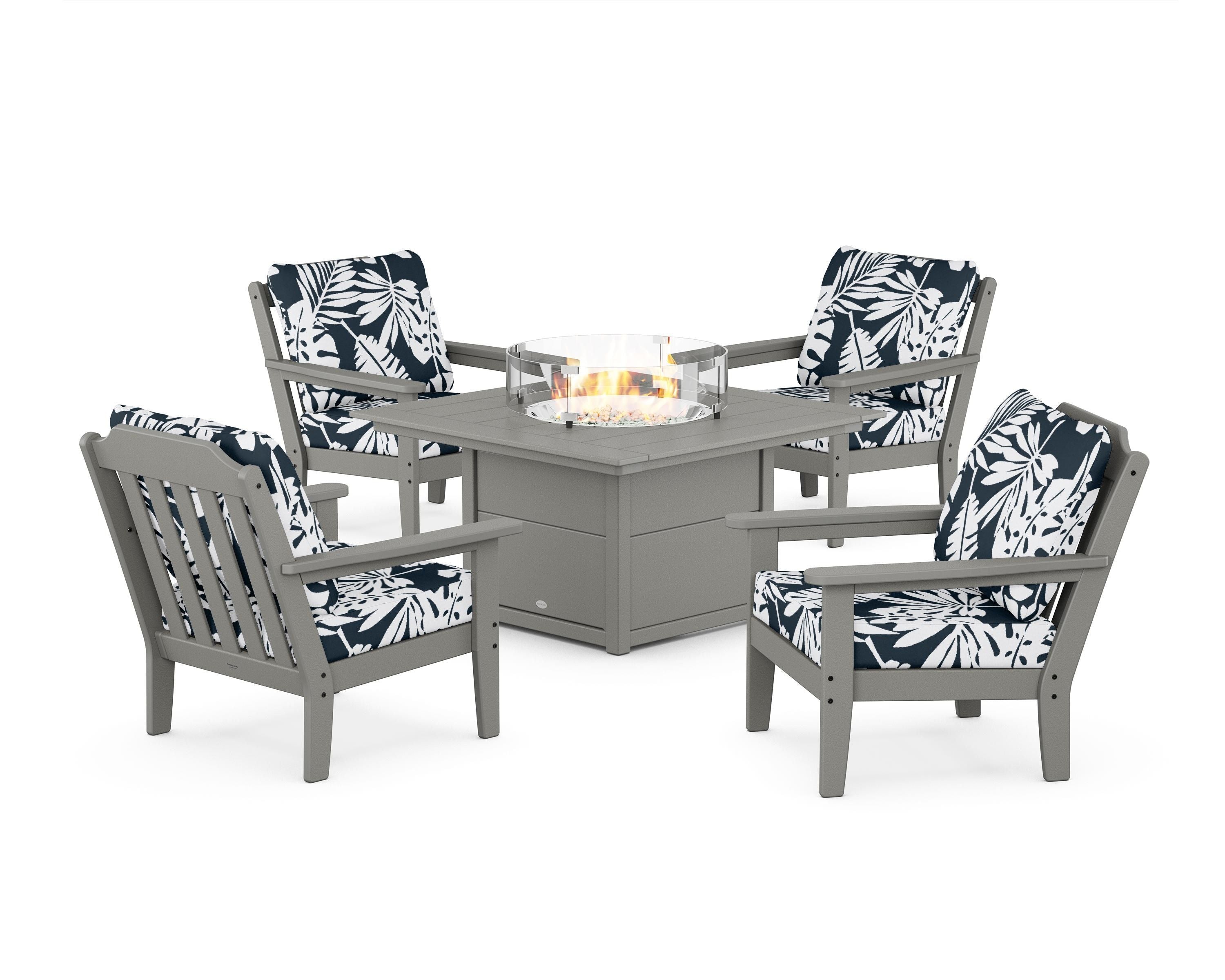 Country Living Cottage 5-Piece Deep Seating Set with Fire Pit Table in Slate Grey / Leaf Marine Indigo