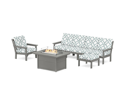 POLYWOOD® Vineyard Sectional Lounge and Fire Pit Set in Slate Grey / Trellis Glacier Spa