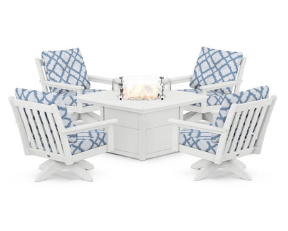 POLYWOOD® Vineyard 5-Piece Deep Seating Swivel Conversation Set with Fire Pit Table in White / Trellis Sky Blue