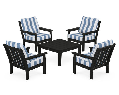 POLYWOOD® Vineyard 5-Piece Deep Seating Conversation Set in Black / Cabana Stripe Sky Blue