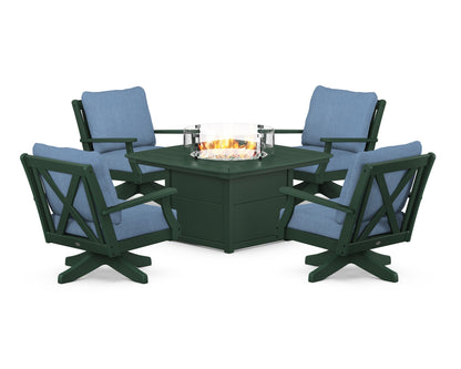 POLYWOOD® Braxton 5-Piece Deep Seating Swivel Conversation Set with Fire Pit Table in Green / Sky Blue