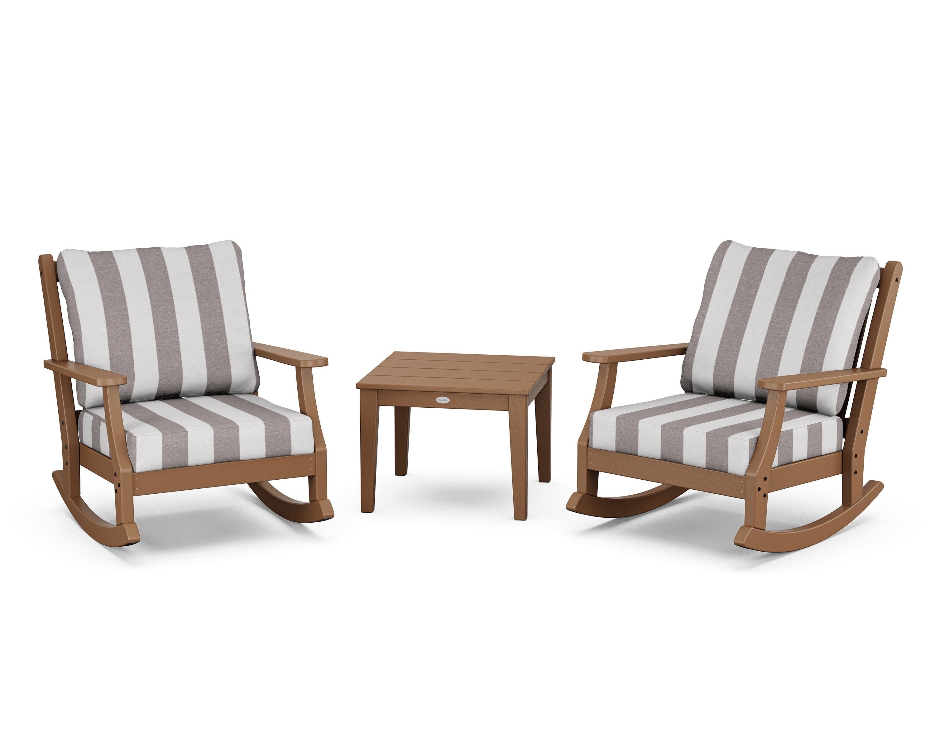Country Living Wovendale 3-Piece Deep Seating Rocker Set in Teak / Cabana Stripe Grey Mist