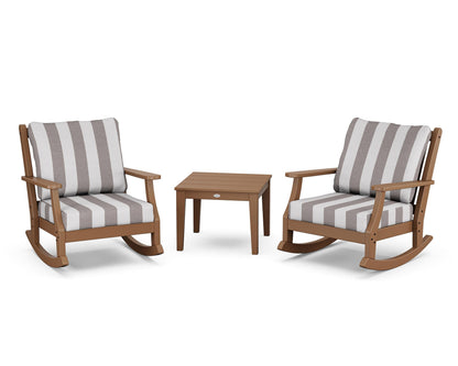 Country Living Wovendale 3-Piece Deep Seating Rocker Set in Teak / Cabana Stripe Grey Mist
