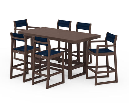 POLYWOOD® EDGE Sling 7-Piece Bar Table Set in Mahogany / Navy Blue Sling