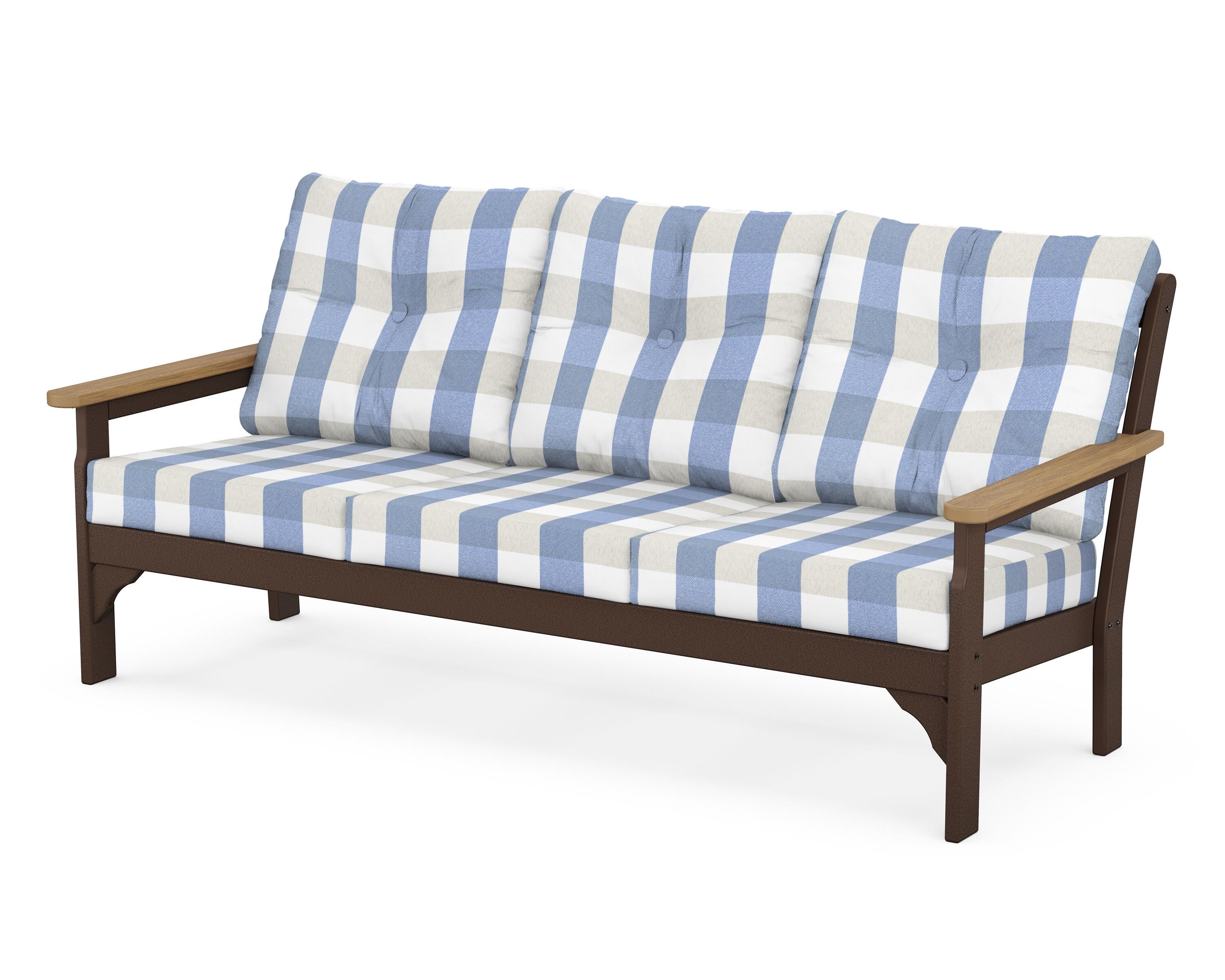 POLYWOOD® Vineyard Deep Seating Sofa in Mahogany / Natural / Buffalo Plaid Sky Blue