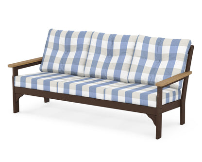 POLYWOOD® Vineyard Deep Seating Sofa in Mahogany / Natural / Buffalo Plaid Sky Blue