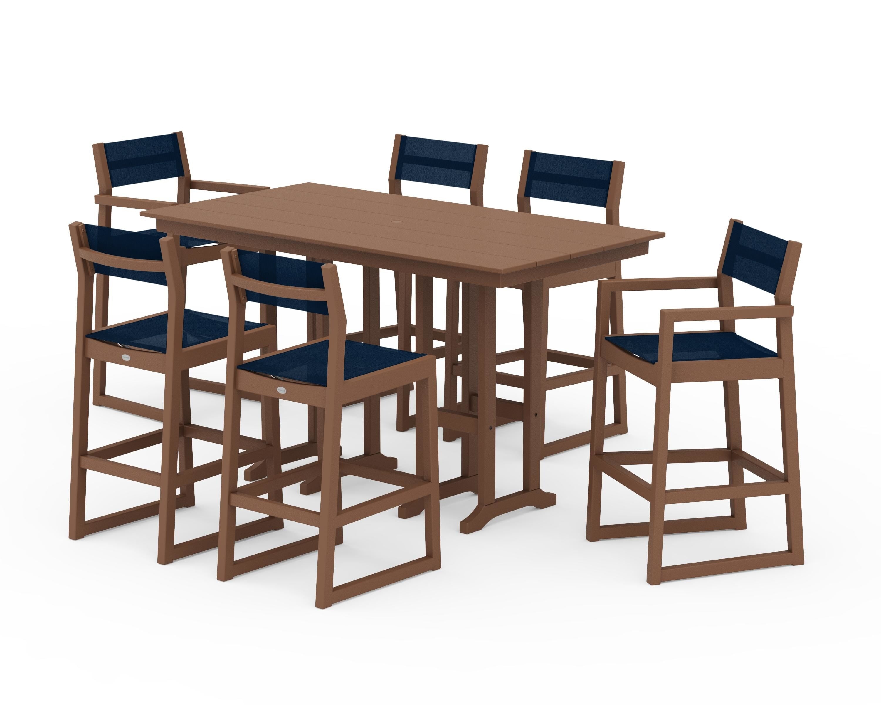 POLYWOOD® EDGE Sling 7-Piece Farmhouse Bar Set in Teak / Navy Blue Sling