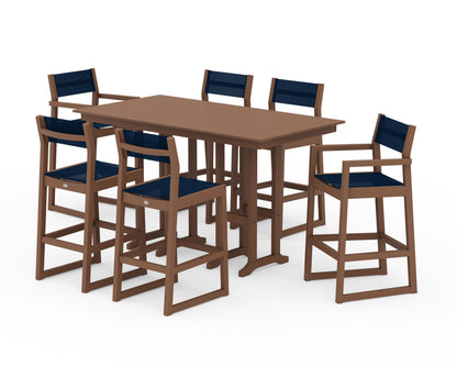 POLYWOOD® EDGE Sling 7-Piece Farmhouse Bar Set in Teak / Navy Blue Sling