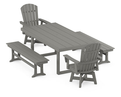 POLYWOOD® Nautical Curveback Adirondack Swivel Chair 5-Piece Dining Set with Benches in Slate Grey