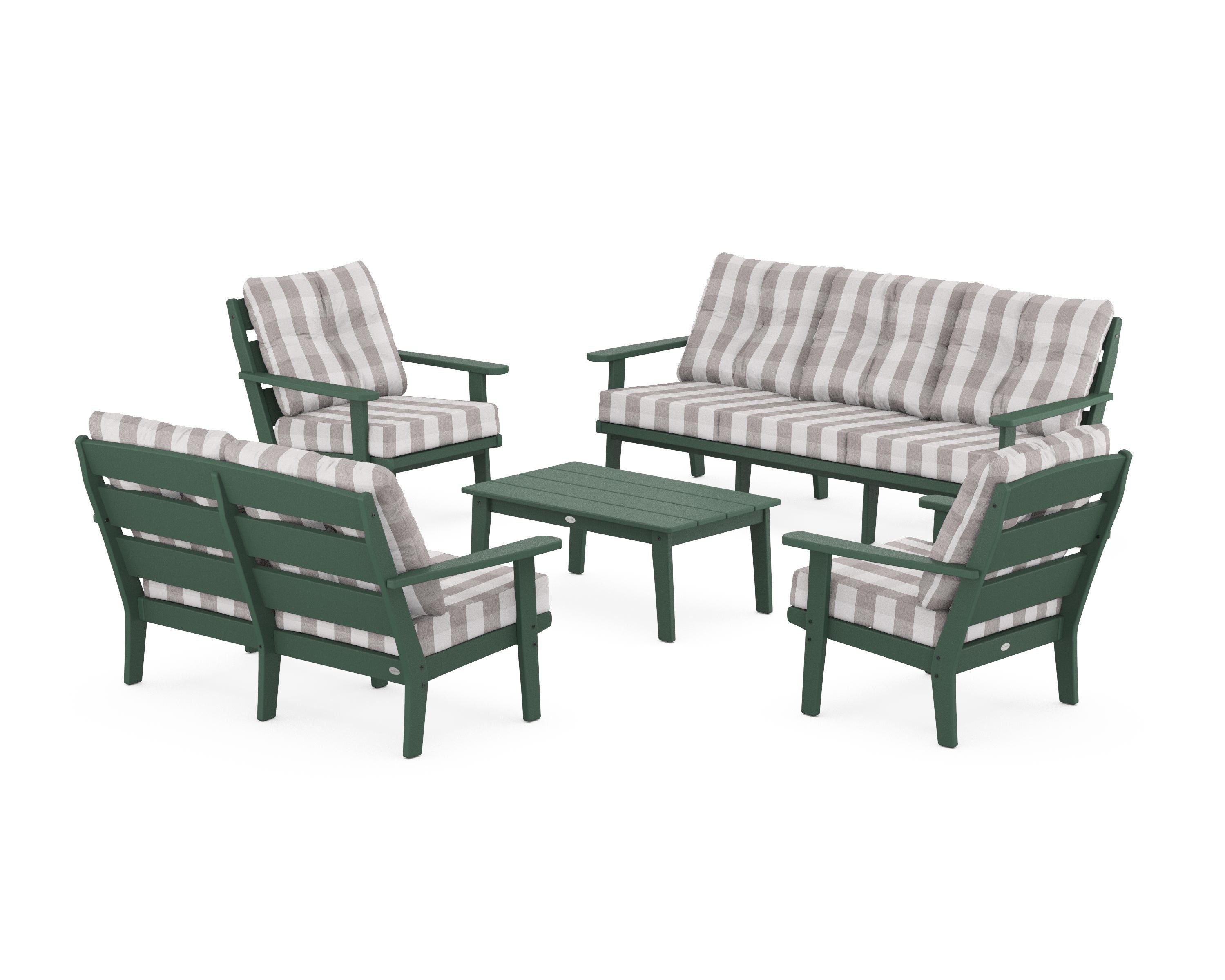 POLYWOOD® Lakeside 5-Piece Lounge Sofa Set in Green / Buffalo Plaid Grey Mist