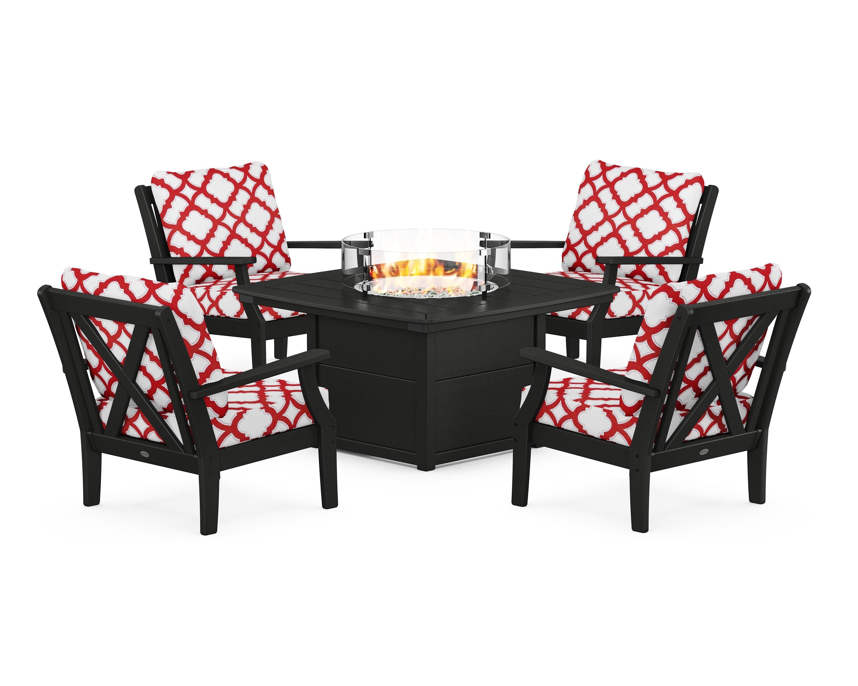 POLYWOOD® Braxton 5-Piece Deep Seating Conversation Set with Fire Pit Table in Black / Trellis Crimson