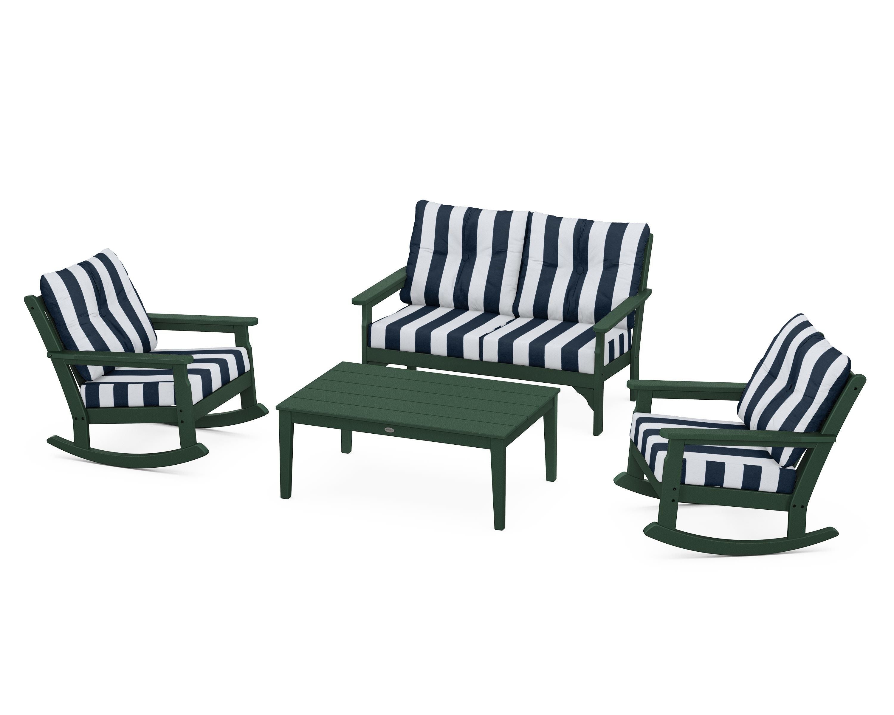 POLYWOOD® Vineyard 4-Piece Deep Seating Rocking Chair Set in Green / Cabana Stripe Marine Indigo