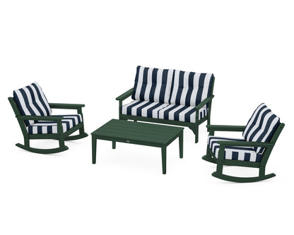 POLYWOOD® Vineyard 4-Piece Deep Seating Rocking Chair Set in Green / Cabana Stripe Marine Indigo
