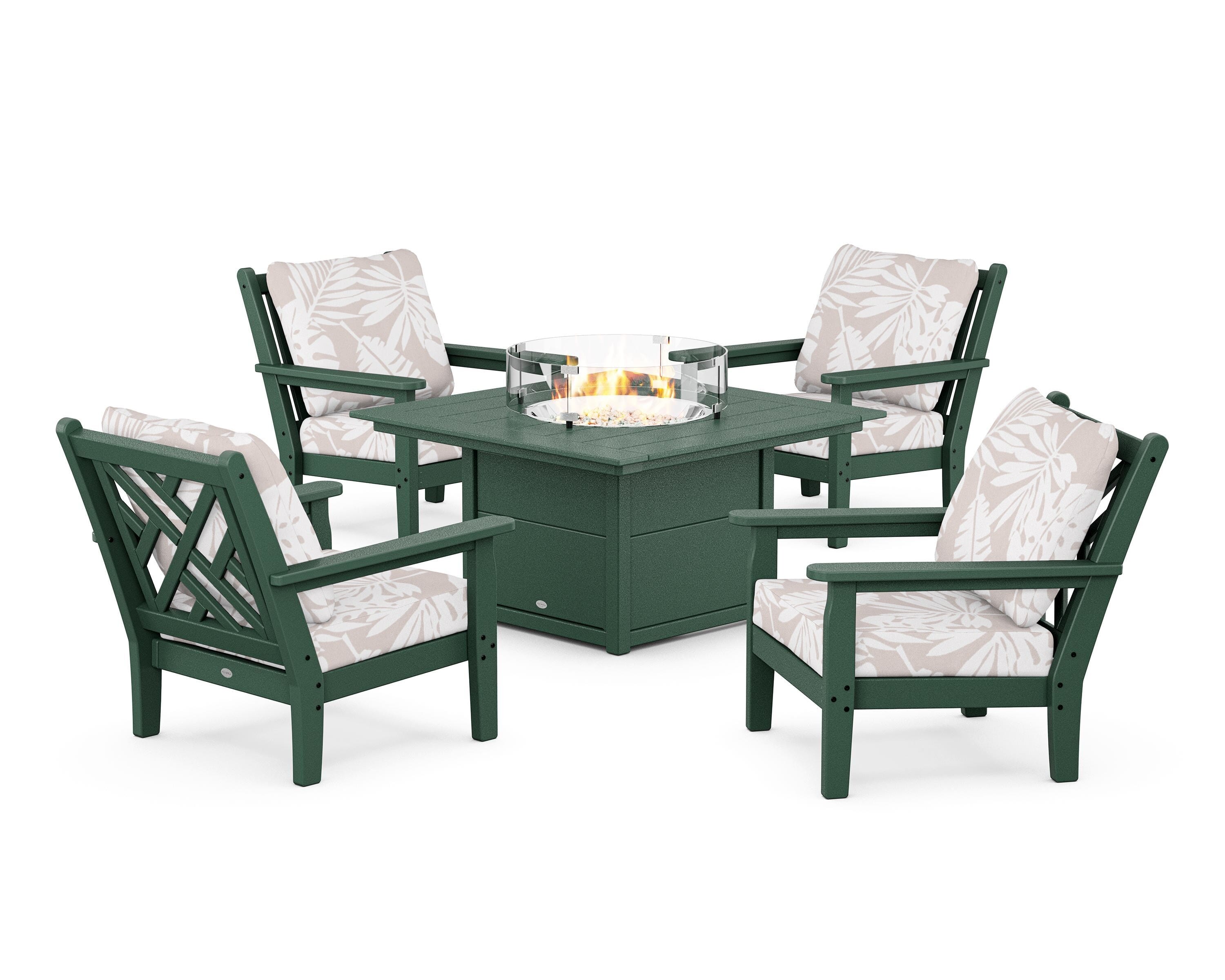 POLYWOOD® Chippendale 5-Piece Deep Seating Set with Fire Pit Table in Green / Leaf Dune Burlap