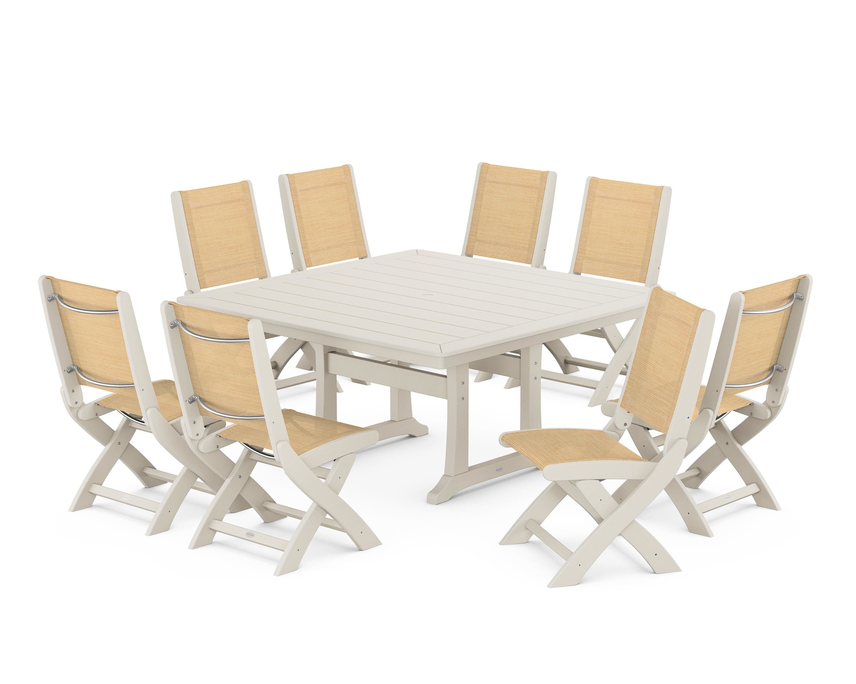 POLYWOOD® Coastal Folding Side Chair 9-Piece Dining Set with Trestle Legs in Sand / Dupioni Apricot Sling