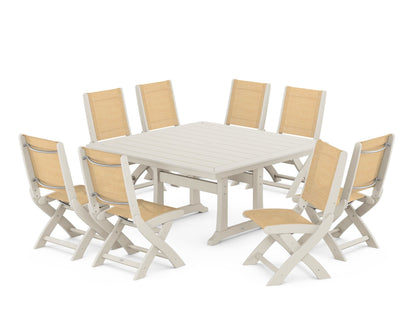 POLYWOOD® Coastal Folding Side Chair 9-Piece Dining Set with Trestle Legs in Sand / Dupioni Apricot Sling