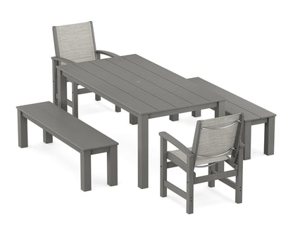 POLYWOOD® Coastal 5-Piece Parsons Dining Set with Benches in Slate Grey / Birch Sling