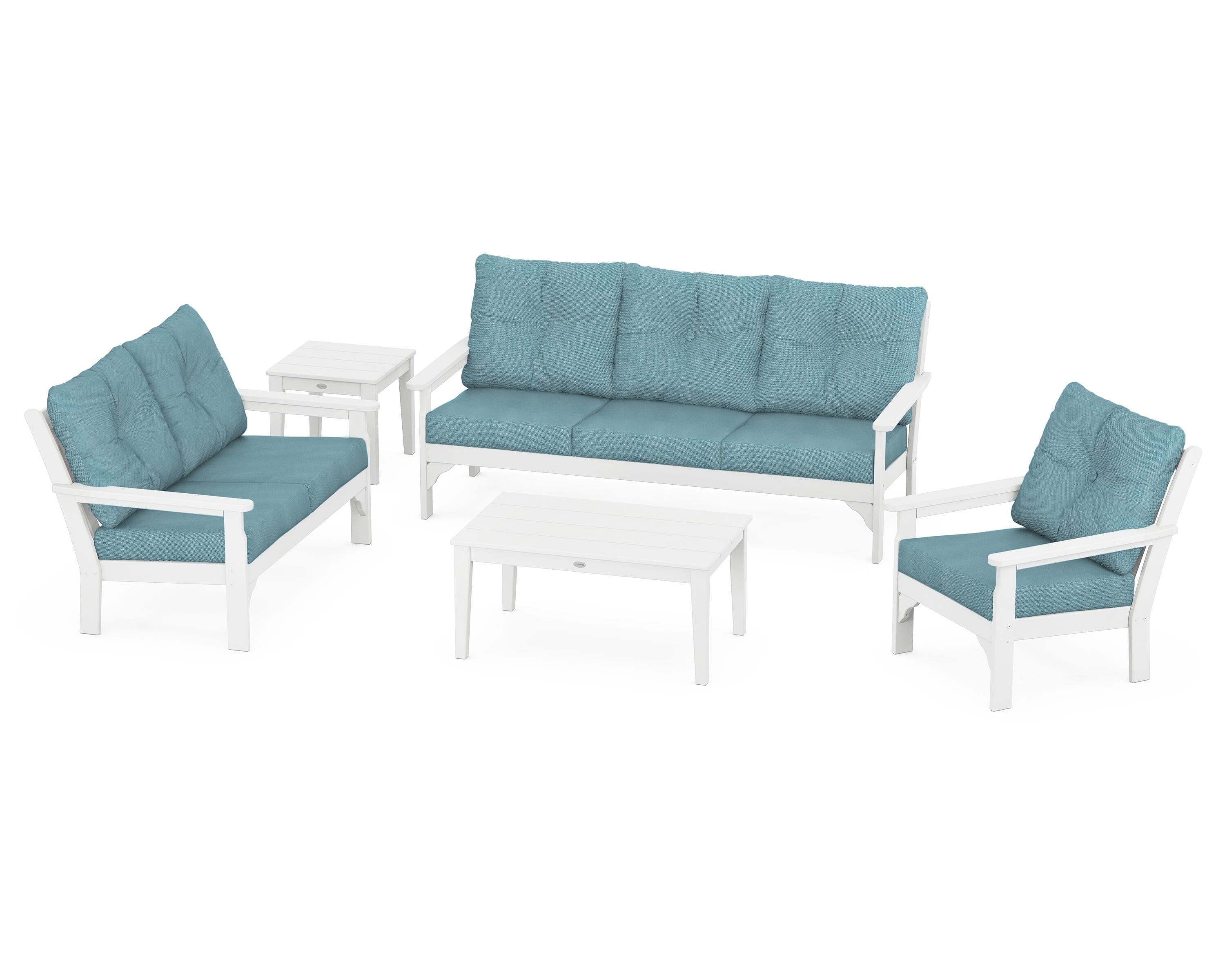 POLYWOOD® Vineyard 5 Piece Deep Seating Set in White / Lattice Sky Blue