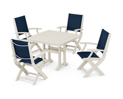 POLYWOOD® Coastal Folding Chair 5-Piece Dining Set with Trestle Legs in Sand / Navy Blue Sling