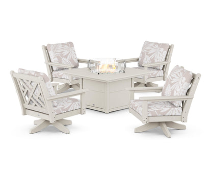 POLYWOOD® Chippendale 5-Piece Deep Seating Swivel Conversation Set with Fire Pit Table in Sand / Leaf Dune Burlap