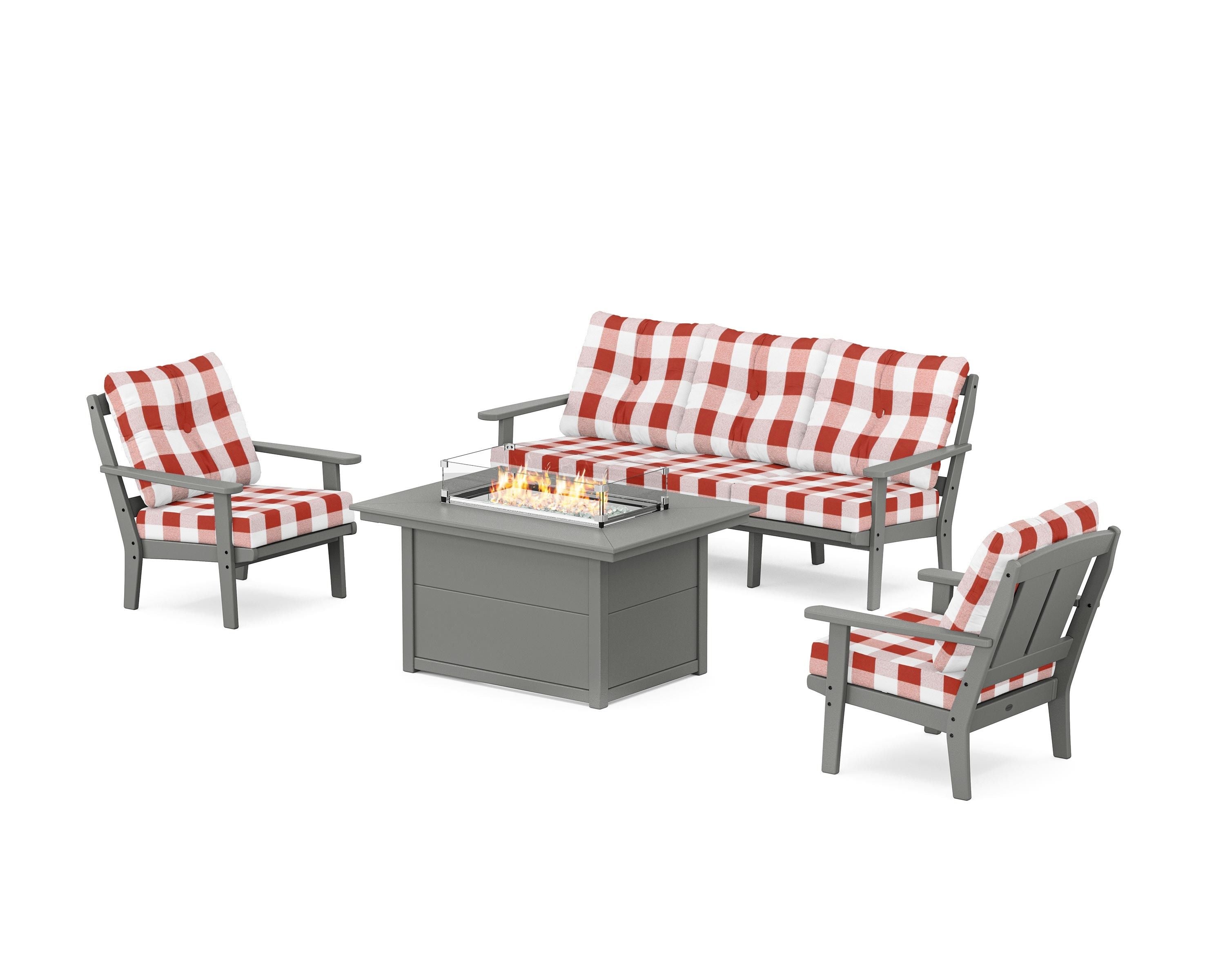 POLYWOOD® Mission Deep Seating Fire Pit Table Set in Slate Grey / Buffalo Plaid Crimson