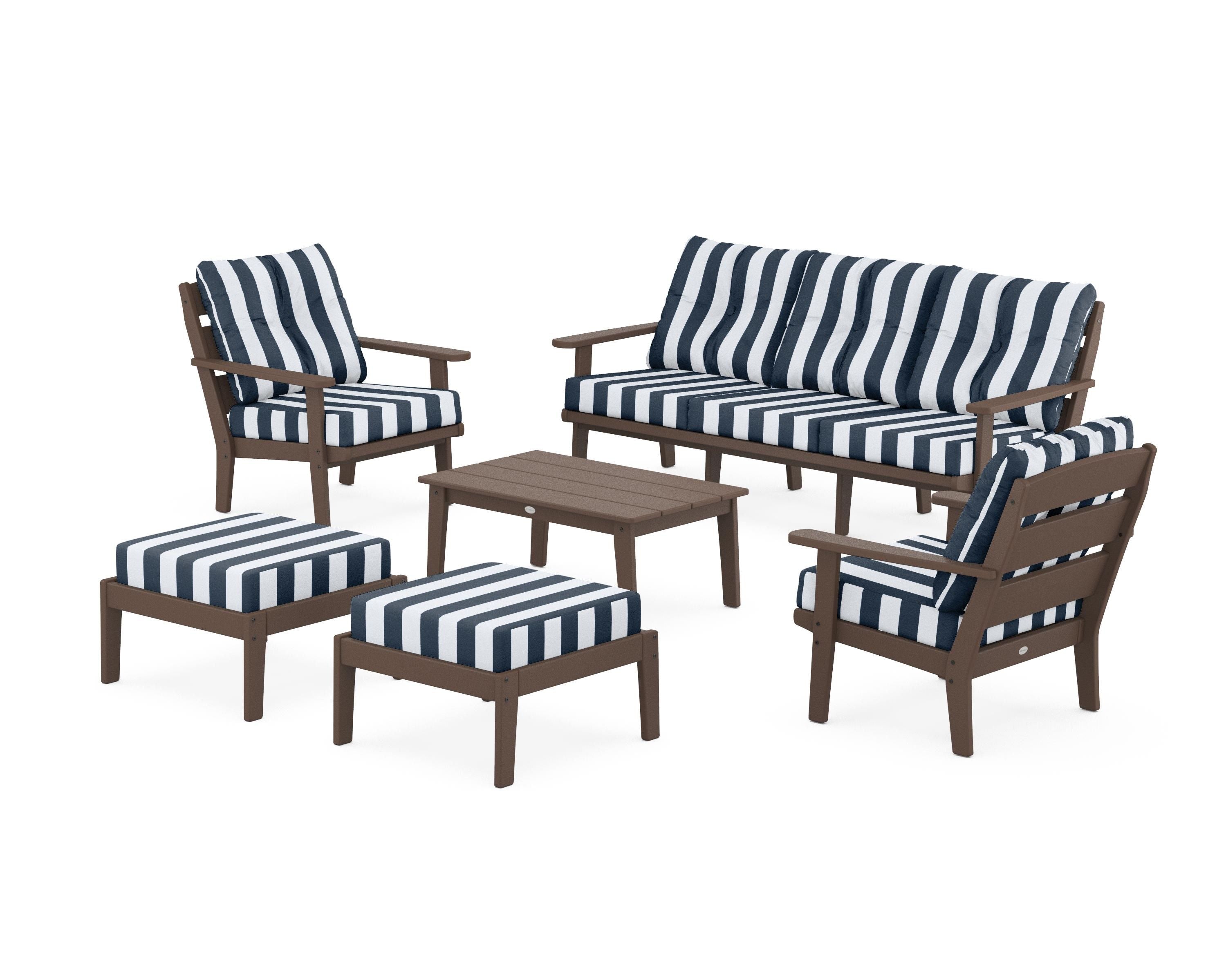 POLYWOOD® Lakeside 6-Piece Lounge Sofa Set in Mahogany / Cabana Stripe Marine Indigo