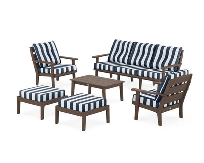 POLYWOOD® Lakeside 6-Piece Lounge Sofa Set in Mahogany / Cabana Stripe Marine Indigo