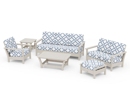 POLYWOOD® Harbour 6-Piece Outdoor Living Set in Sand / Trellis Sky Blue