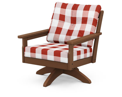 POLYWOOD® Vineyard Deep Seating Swivel Chair in Teak / Buffalo Plaid Crimson