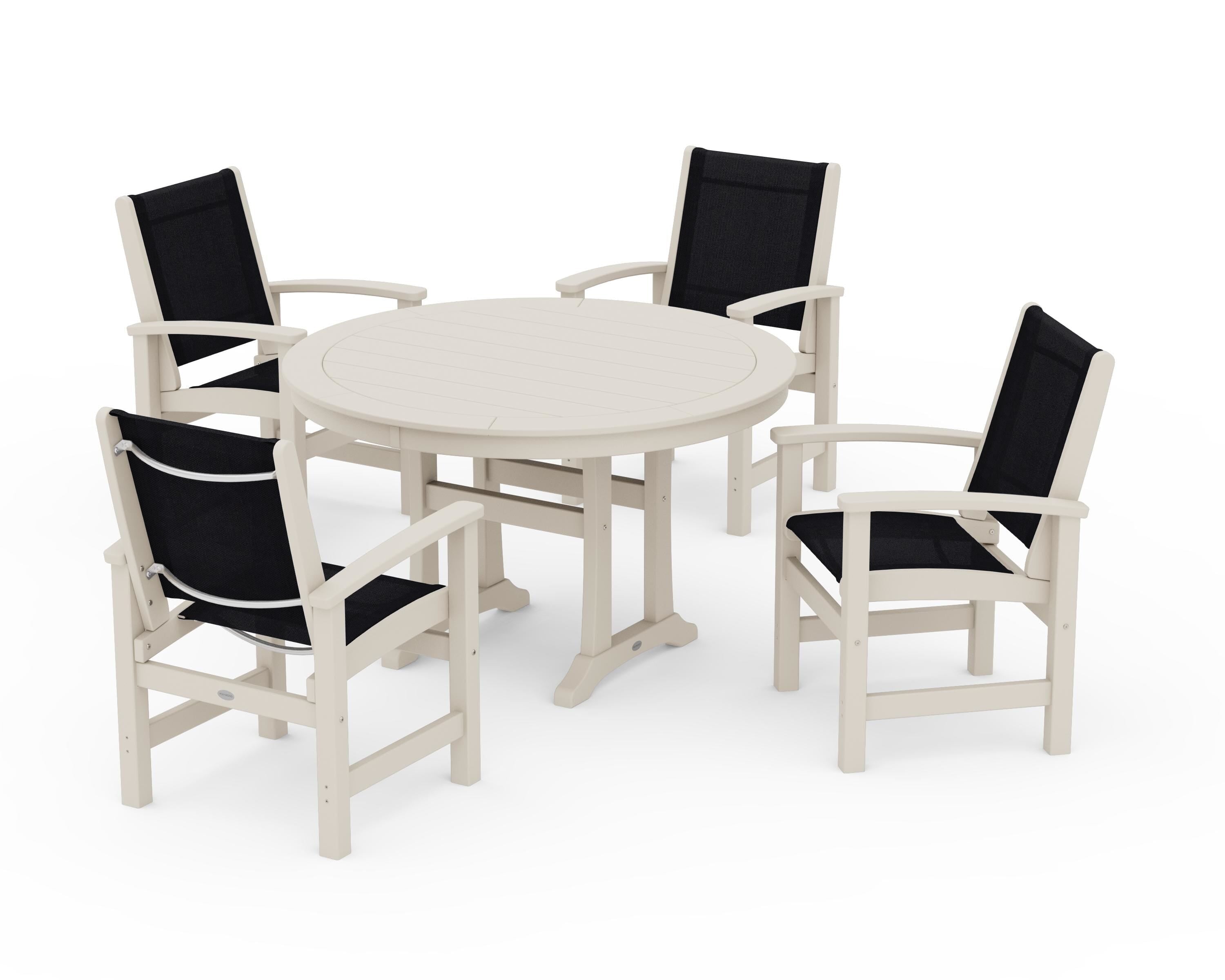 POLYWOOD® Coastal 5-Piece Round Dining Set with Trestle Legs in Sand / Black Sling