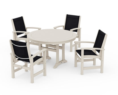 POLYWOOD® Coastal 5-Piece Round Dining Set with Trestle Legs in Sand / Black Sling