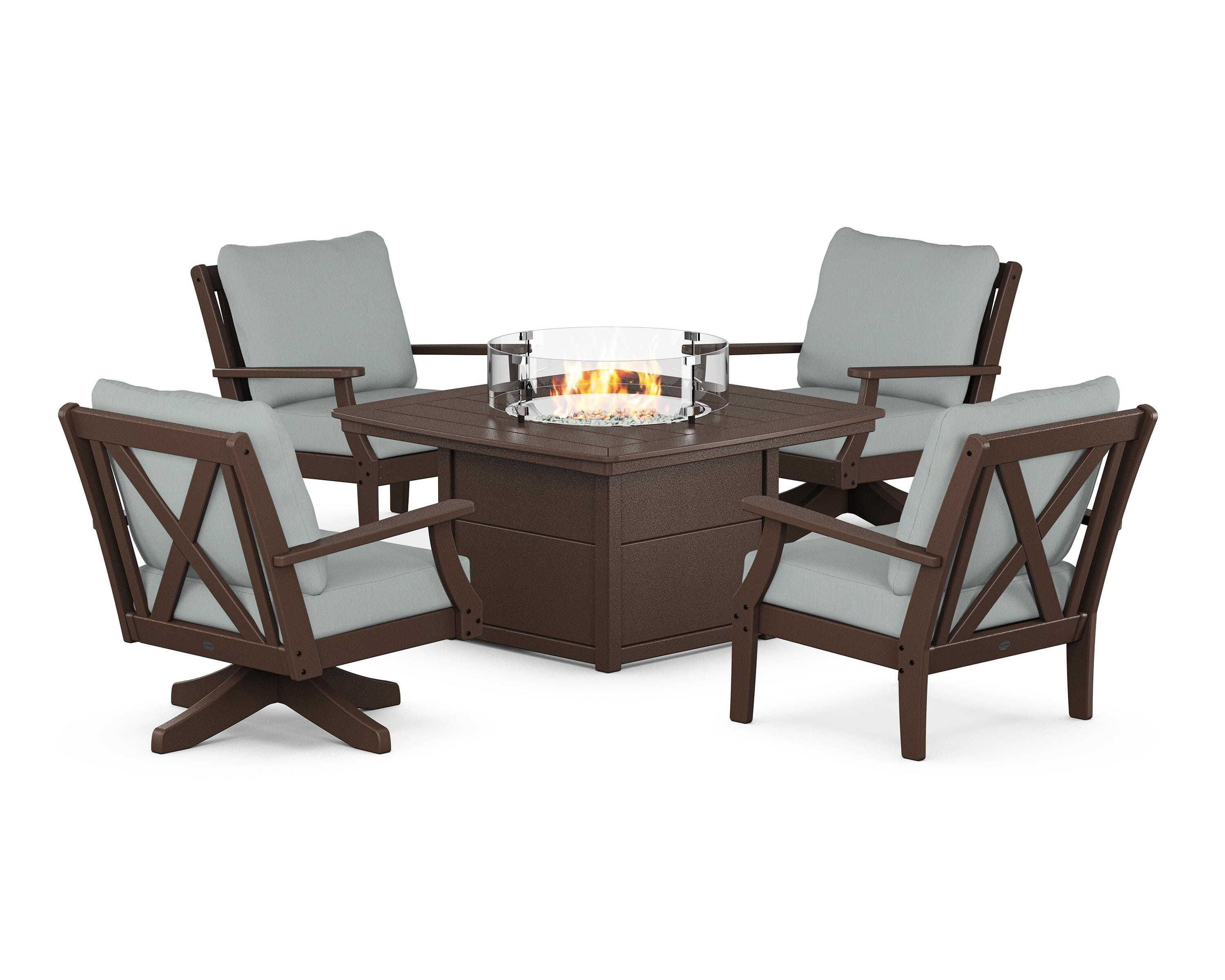 POLYWOOD® Braxton 5-Piece Deep Seating Set with Fire Table in Mahogany / Spa