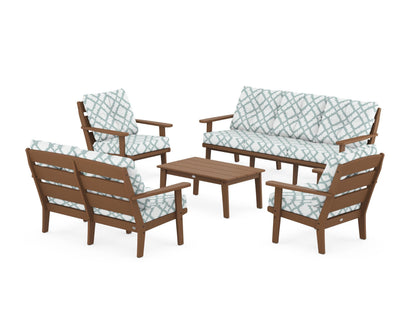 POLYWOOD® Lakeside 5-Piece Lounge Sofa Set in Teak / Trellis Glacier Spa
