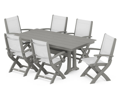 POLYWOOD® Coastal Folding Arm Chair 7-Piece Farmhouse Dining Set with Trestle Legs in Slate Grey / White Sling