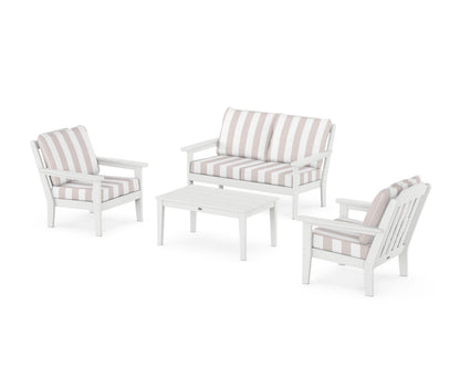 Country Living Cottage 4-Piece Deep Seating Set with Loveseat in White / Cabana Stripe Dune Burlap