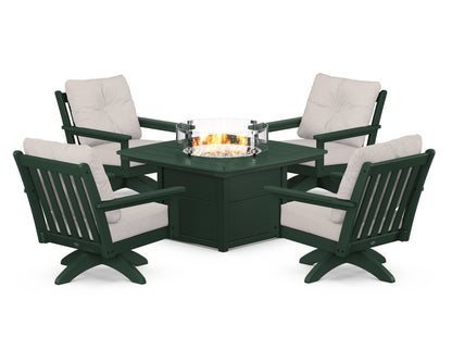 POLYWOOD® Vineyard 5-Piece Deep Seating Swivel Conversation Set with Fire Pit Table in Green / Dune Burlap