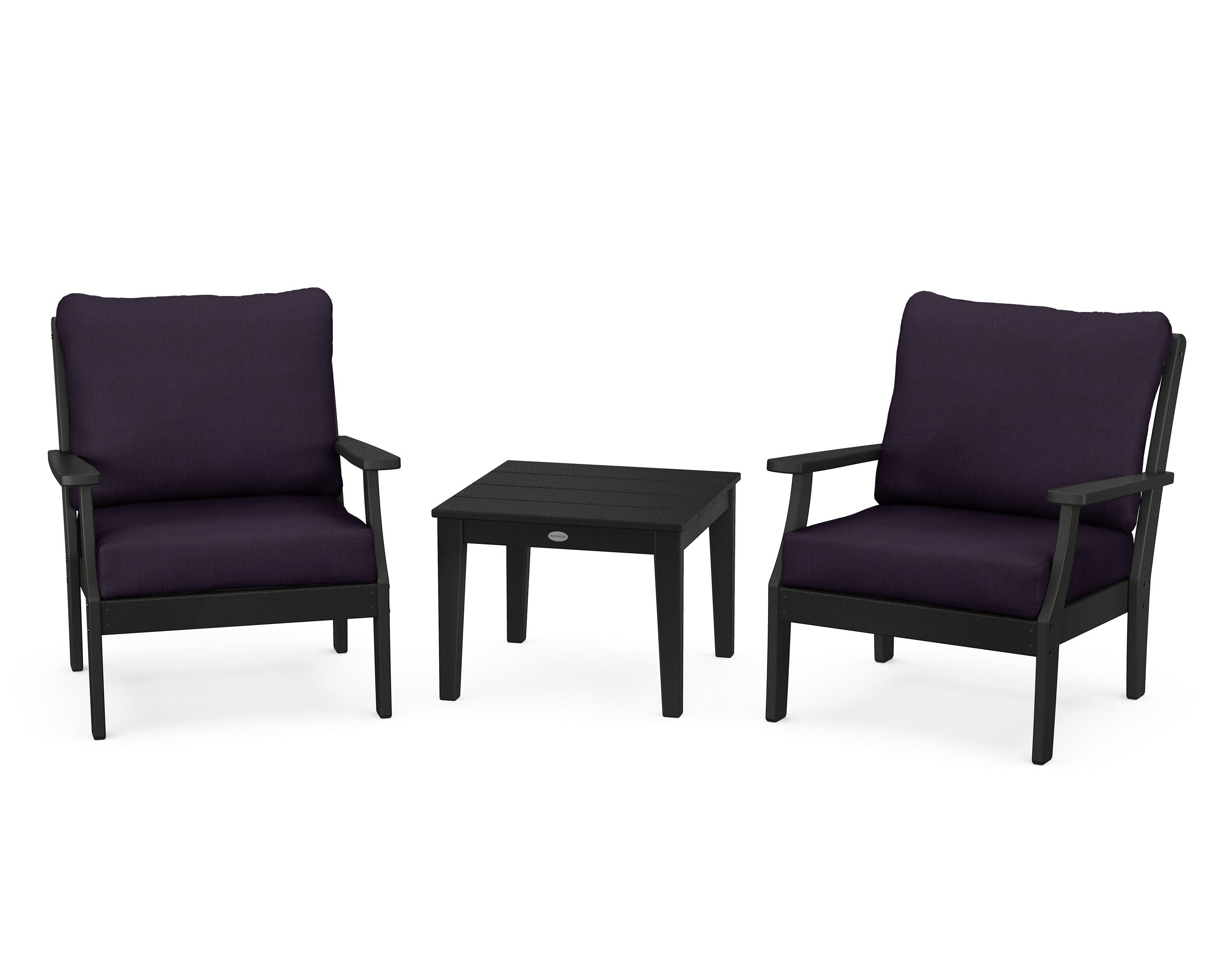 POLYWOOD® Braxton 3-Piece Deep Seating Set in Black / Navy Linen