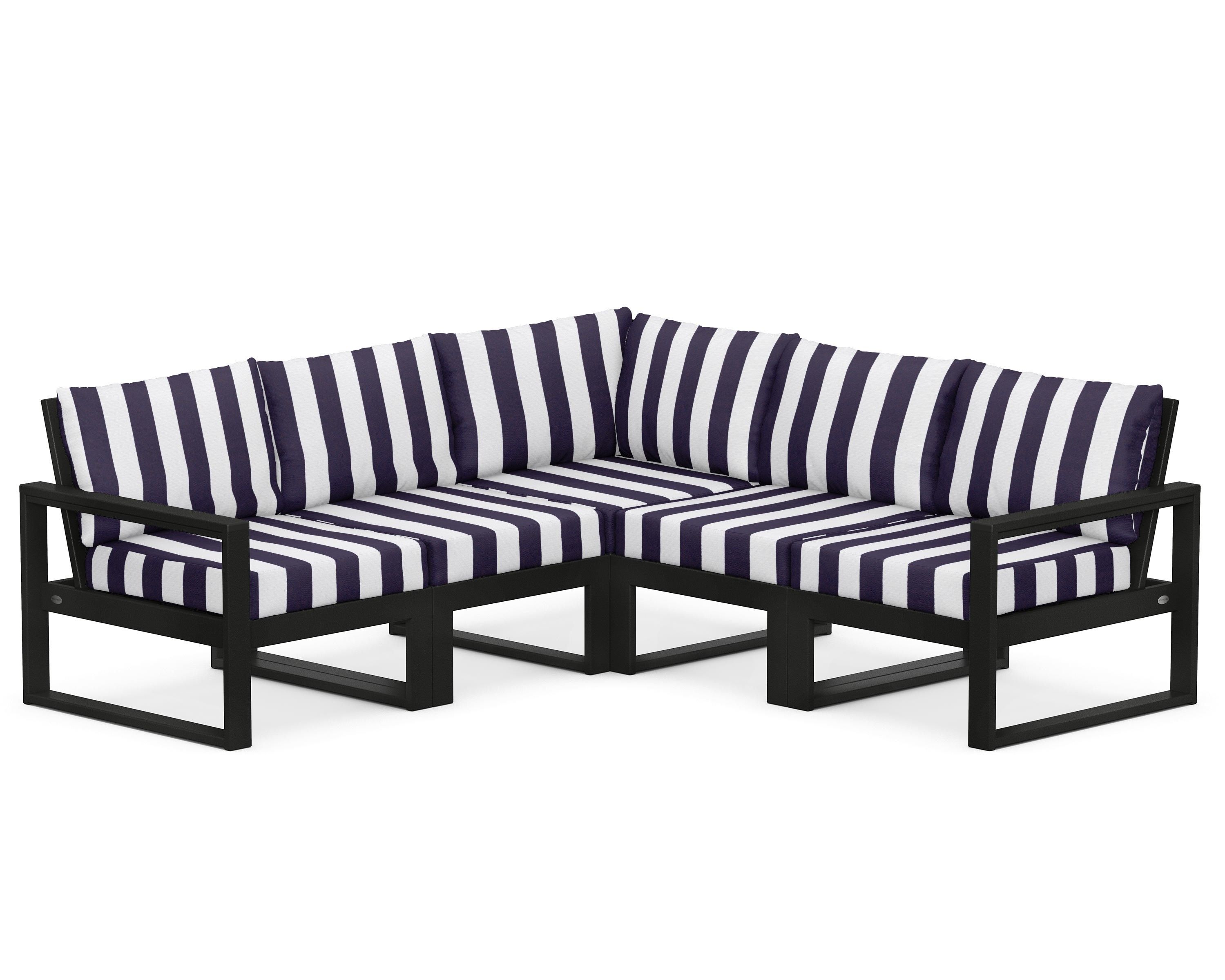 POLYWOOD® EDGE 5-Piece Modular Deep Seating Set in Black / Cabana Stripe Navy