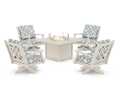 Country Living Wovendale 5-Piece Deep Seating Swivel Conversation Set with Fire Pit Table in Sand / Trellis Glacier Spa