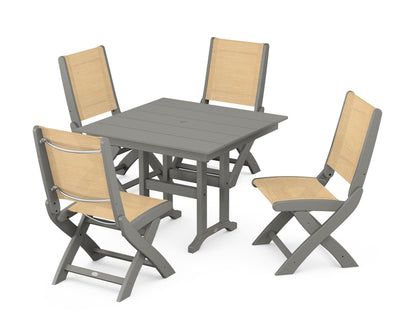 POLYWOOD® Coastal Folding Side Chair 5-Piece Farmhouse Dining Set in Slate Grey / Dupioni Apricot Sling